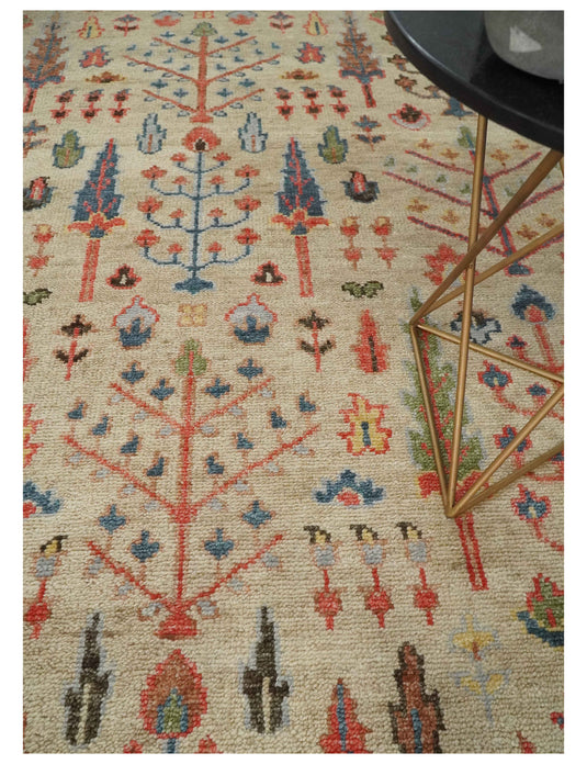 Custom Made Traditional Light Beige, Brown, Olive And Rust Tree Of Life Hand Knotted Oushak Wool Area Rug