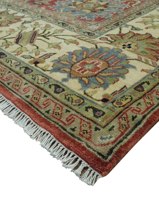 Custom Made Hand Knotted Maroon, Olive, Beige And Ivory Herati Wool Area Rug