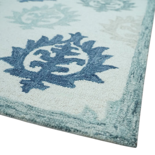 Custom Made Ivory, Blue, Teal And Beige Traditional Ikat Pattern Hand Tufted Wool Area Rug