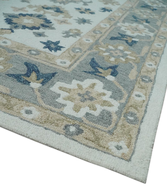 Custom Made Ivory, Beige, Gray And Blue Traditional Medallion Hand Tufted Wool Area Rug