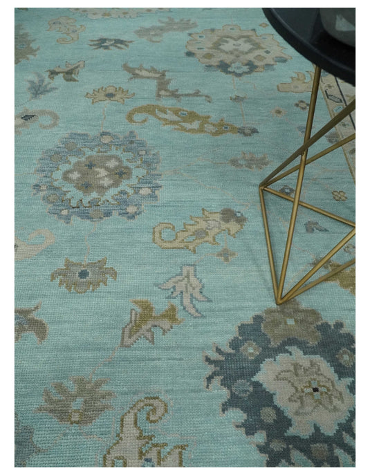 Custom Made Traditional Oushak Hand Knotted Light Blue And Ivory Wool Area Rug