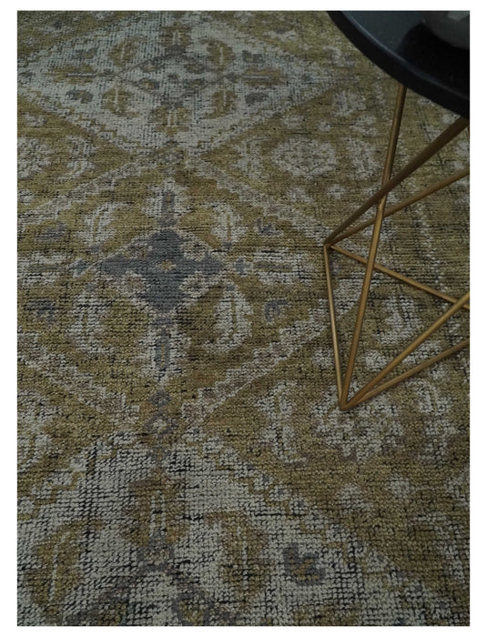 Custom Made Traditional Antique Pattern Gold, Gray And Ivory Hand Knotted Wool Area Rug