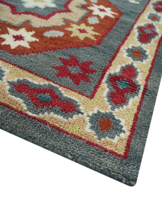 Geometrical Pattern Gray, Light Peach, Ivory And brown Hand Knotted 8x10 ft wool Area Rug