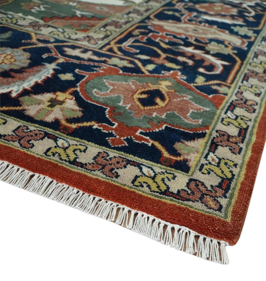 Traditional Premium look Heriz Serapi Hand knotted Blue, Rust and Ivory 8x10 ft Bedroom, Living Room Rug ,wool Area Rug