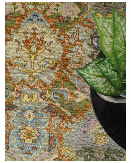 Traditional Antique Moss Persian Hand Knotted Oushak Rug Silver, Rust and Pink Multi Size Ideal for Living, Bedroom, and Dining Rooms | CP616