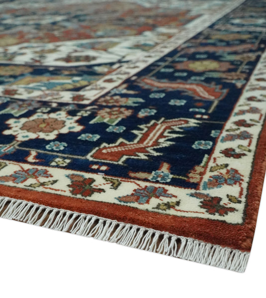 Traditional Premium look Heriz Serapi Hand knotted Rust, Ivory and Navy Blue 8x10 ft Bedroom, Living Room Rug ,wool Area Rug