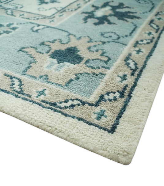 Traditional Pattern Ivory, Blue and Dark Teal Hand Knotted 8x10 ft wool Area Rug