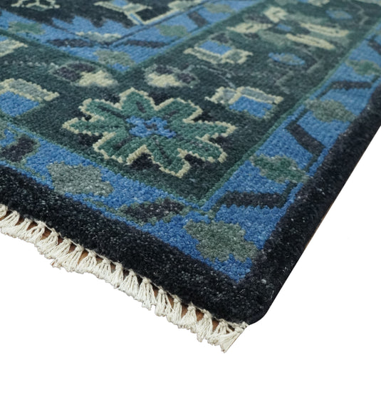 Custom Made Hand Knotted Blue, Black And Gray Traditional Oushak Wool Area Rug