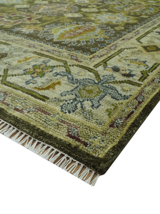 Custom Made Traditional Vintage Style Earthy Green and Silver Hand Knotted Wool Rug Wool Area Rug