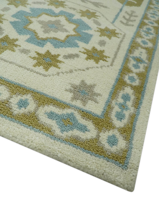 Ivory, Blue, Gray And Olive Traditional Medallion Mamluk Hand Knotted 6x9 ft wool Area Rug