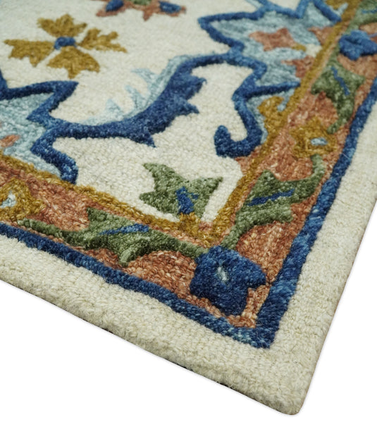 Custom Made Moroccan Trellis Ivory, Blue And Brown Hand Tufted Wool Area Rug