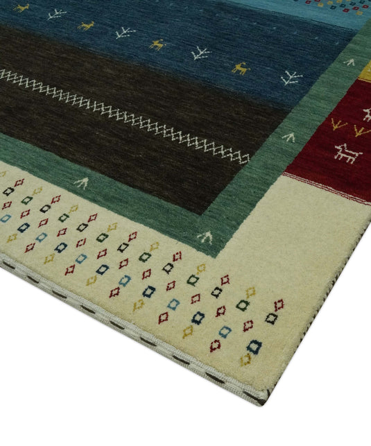 Custom Made Lori Gabbeh Ivory, Black, Maroon, Yellow And Green Handloomed Wool Area Rug