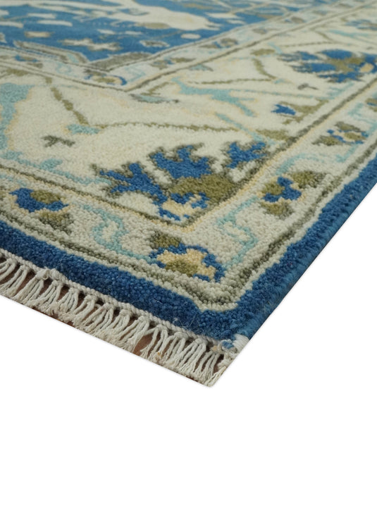 Custom Made Hand Knotted Oriental Oushak Blue, Ivory And Olive Wool Area Rug