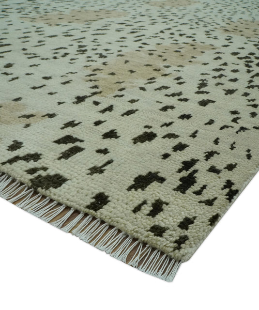 Custom Made Leopard Print Ivory, Olive And Charcoal Hand Knotted Wool Area Rug