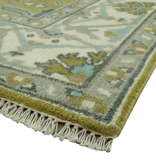 Custom Made Hand Knotted Oriental Oushak Olive, Ivory, Gray And Blue Wool Area Rug