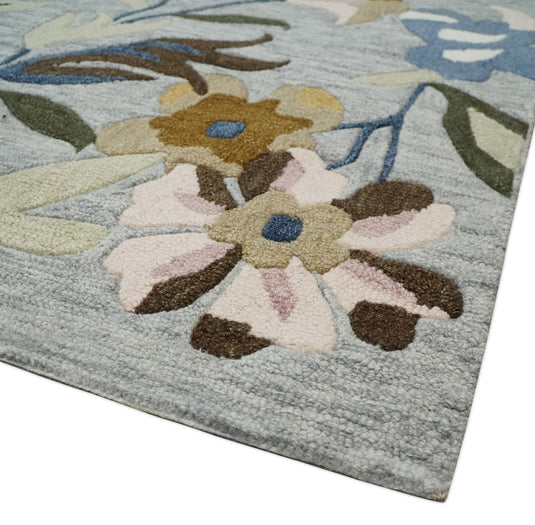 Custom Made Colorful Floral Pattern Gray, Peach, Ivory, Gold And Brown Hand Tufted  Wool Area Rug