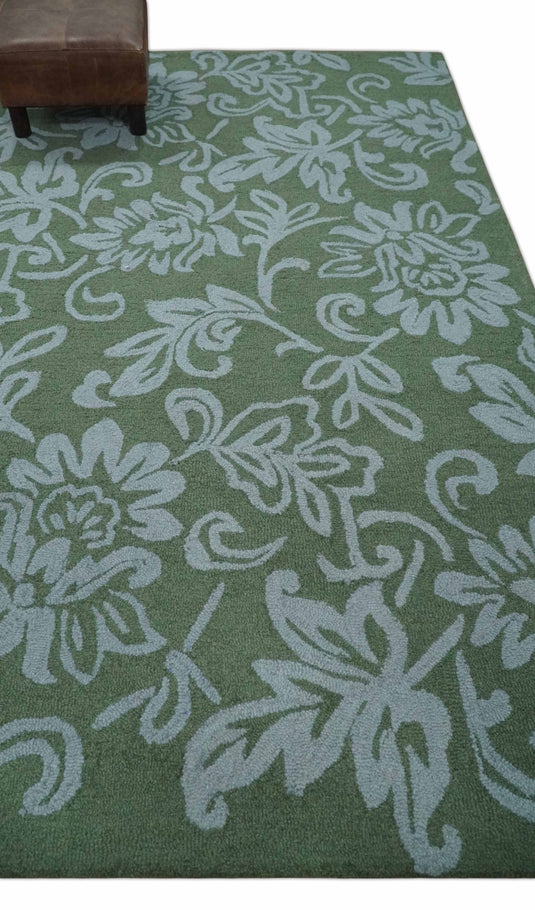 Custom Made Floral Pattern Green And Gray Hand Tufted  Wool Area Rug