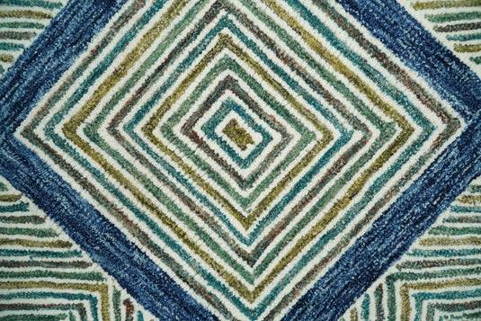 Custom Made Checkerboard Blue, Olive, Gray And Teal Hand Tufted Wool Area Rug