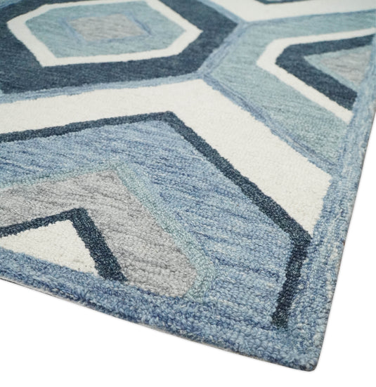 Custom Made Geometrical Honeycomb Pattern Ivory, Blue And Gray Hand Tufted  Wool Area Rug