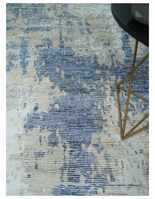 Modern Abstract Blue, Beige And Ivory Hand Knotted 8x10 ft Bedroom, Living Room Rug Bamboo Silk Area Rug