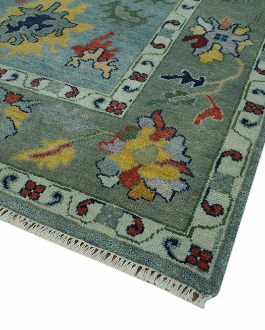 Custom Made Hand Knotted Blue and Moss Green Colorful Traditional Oushak Rug wool Area Rug