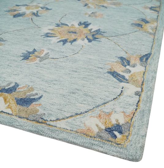 Custom Made Gray, Peach, Ivory And Blue Traditional Floral Hand Tufted Wool Area Rug