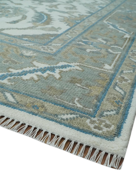 Hand Knotted Oriental Oushak Rug Ivory, Grey and Teal Multi Size Ideal for Living, Bedroom, and Dining Rooms | CP1702