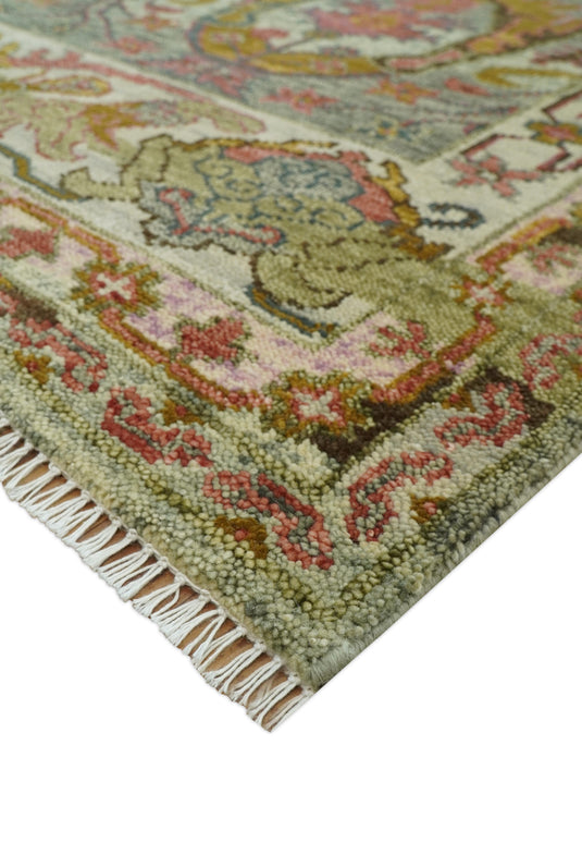 Custom Made Green, Pink, Gold And Silver Traditional Hand Knotted Wool Area Rug