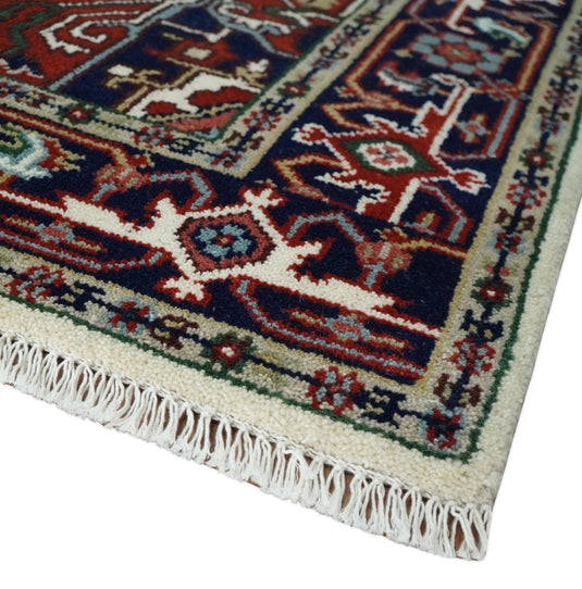 HandKnotted Heriz Serapi Rug Ivory, Rust and Navy Blue Ideal for Living, Bedroom, and Dining Rooms Multi Size Wool Rug | CP1894