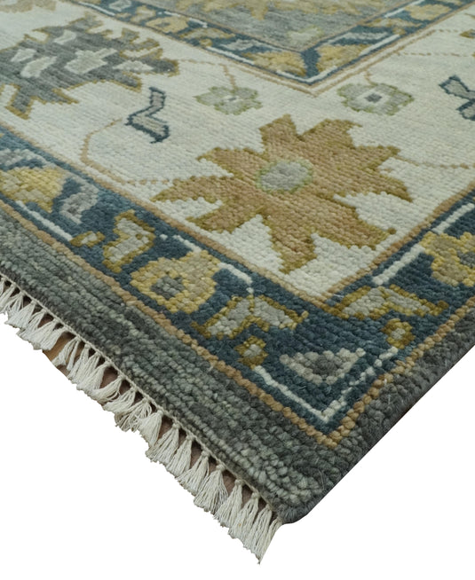 Custom Made Hand Knotted Charcoal, Ivory, Olive And Gray Traditional Wool  Area Rug