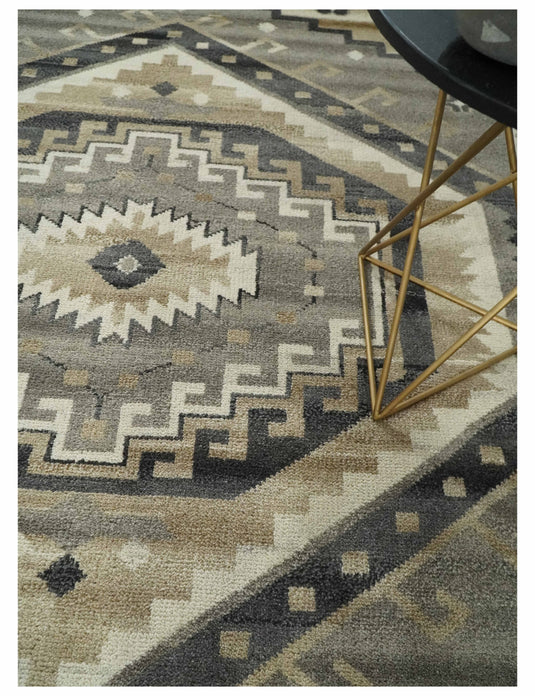 Traditional Medallion pattern Ivory, Beige, Charcoal and Brownish Gray Hand knotted 8x10 ft wool Area Rug