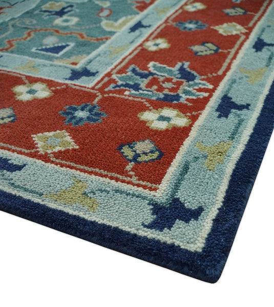 Custom Made Traditional Medallion Pattern Red, Blue, Teal and Olive Hand Knotted wool Area Rug