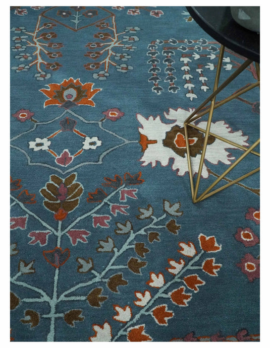 Custom Made Tree Of Life Teal Blue, Brown And Red Hand Tufted Wool Area Rug