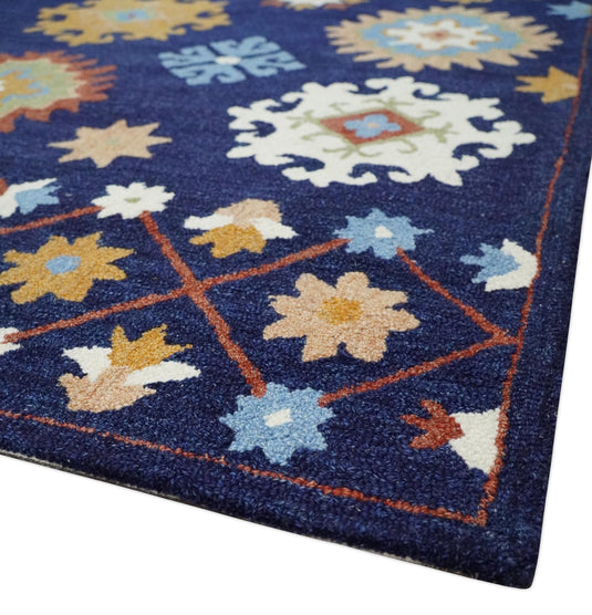 Custom Made Blue, Aqua, Maroon And Camel Hand Tufted  Wool Area Rug