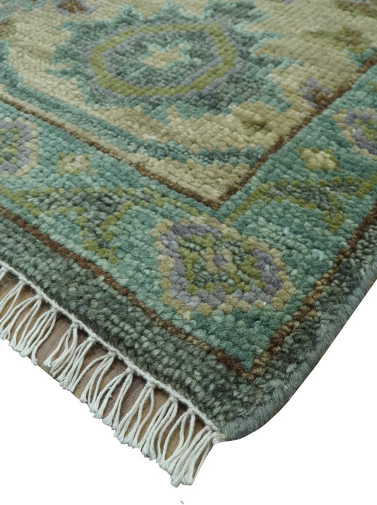 Custom Made Hand Knotted Green And Blue Floral Wool Area Rug