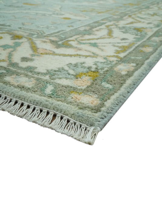 Custom Made Hand Knotted Oriental Oushak Aqua, Olive, Gray And Ivory Wool Area Rug