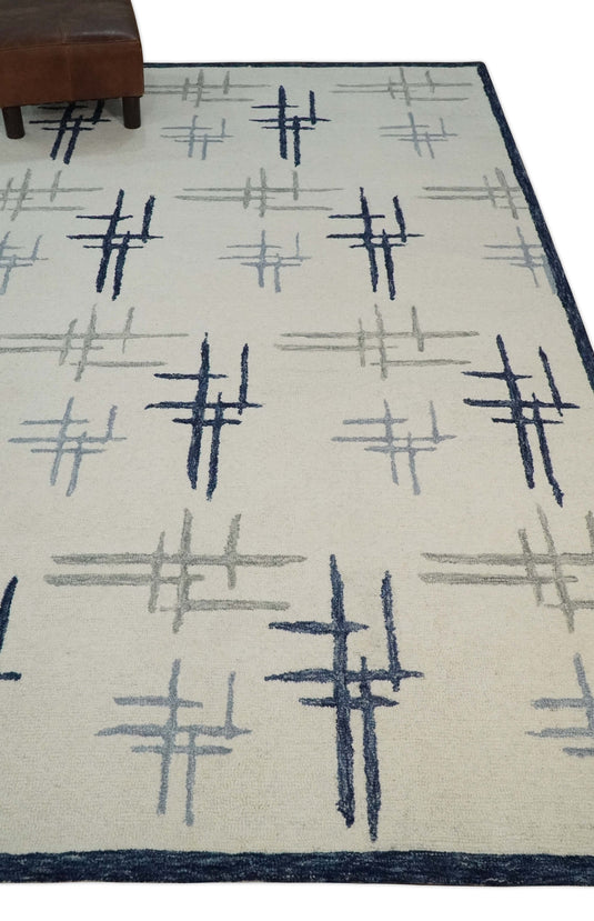 Custom Made Modern Crosses Pattern Ivory, Blue And Gray Hand Tufted  Wool Area Rug