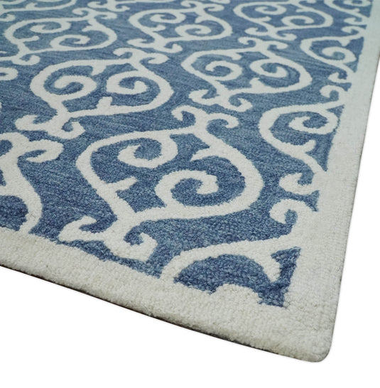 Custom Made Blue and Ivory Trellis Pattern Hand Tufted  Wool Area Rug