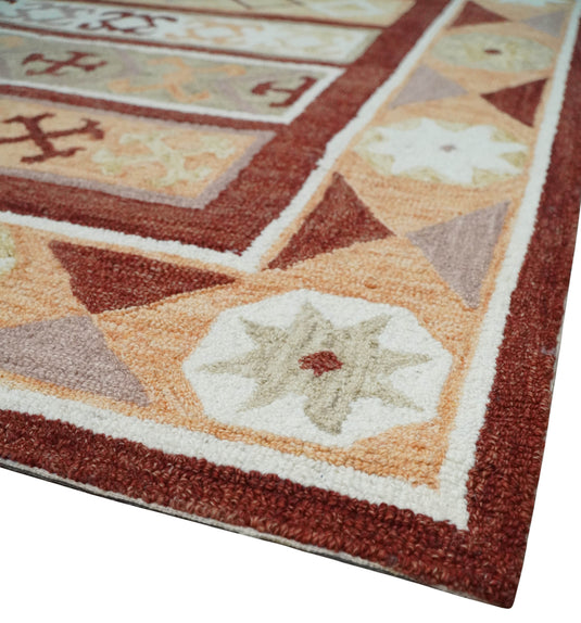 Custom Made Geometrical Maroon, Ivory, Beige And Light peach Hand Tufted  Wool Area Rug