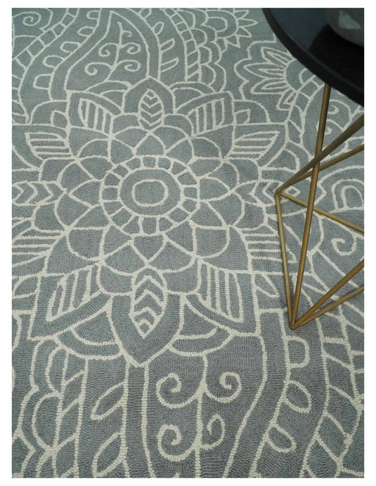 Custom Made Traditional Floral Gray And Ivory Hand Tufted  Wool Area Rug