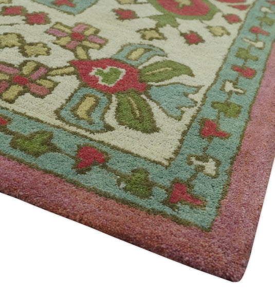 Tree Of Life Pink, Ivory And Green Hand Tufted 8x10 ft Bedroom, Living Room Rug Wool Area Rug