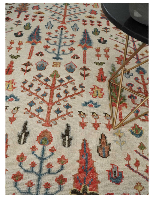 Traditional Ivory, Brown And Rust Tree Of Life Hand Knotted Oushak 8x10 ft Bedroom, Living Room Rug Wool Area Rug