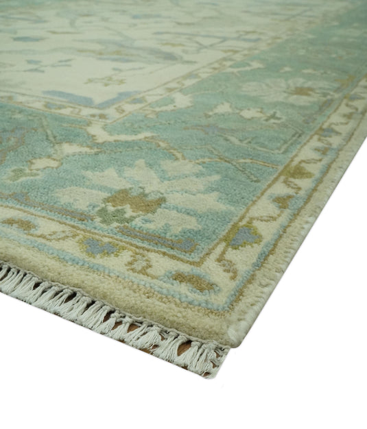 Custom Made Hand Knotted Sage Green, Beige, Gray And Green Oriental Oushak Wool Area Rug