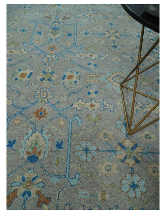 Custom Made Traditional Floral Gray, Blue, Aqua, Beige And Ivory Hand Knotted Wool Area Rug