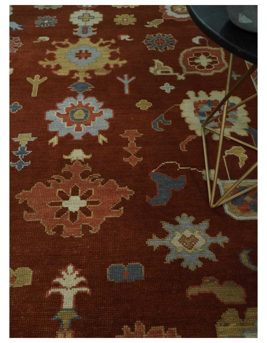 Custom Made Hand Knotted Oriental Oushak Maroon, Beige, Ivory And Blue Wool Area Rug