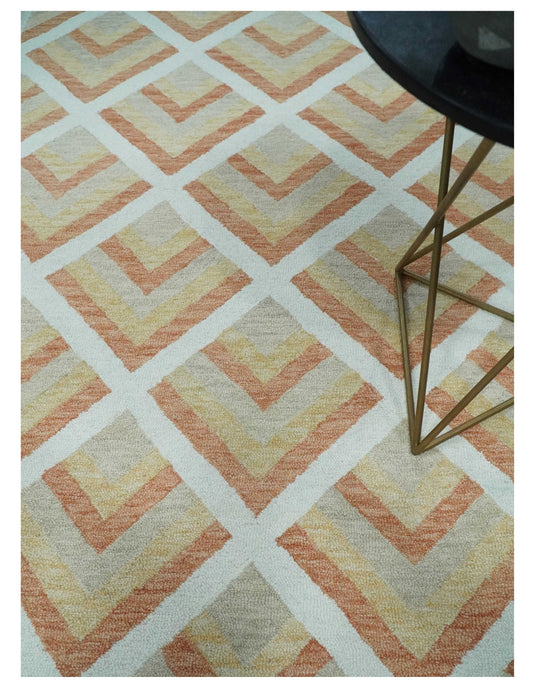 Custom Made Ivory, Dark Peach, Yellow And Light Beige Modern Geometrical Hand Tufted Wool Area Rug