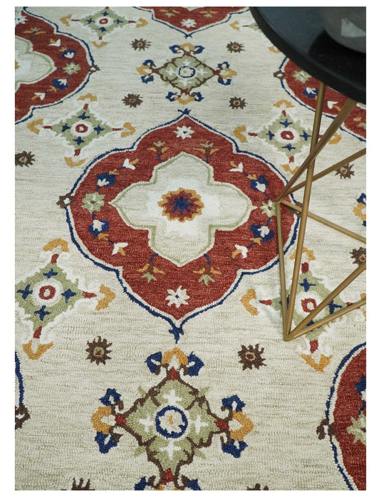 Custom Made Ivory, Maroon, Olive And Blue Hand Tufted  Wool Area Rug