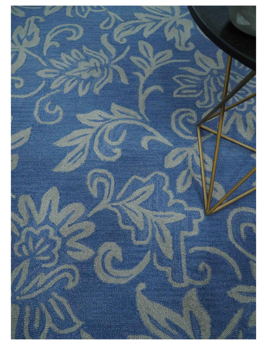 Custom Made Floral Pattern Gray And Blue Hand Tufted  Wool Area Rug