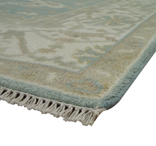 Custom Made Hand Knotted Oriental Oushak Beige, Ivory And Teal Wool Area Rug