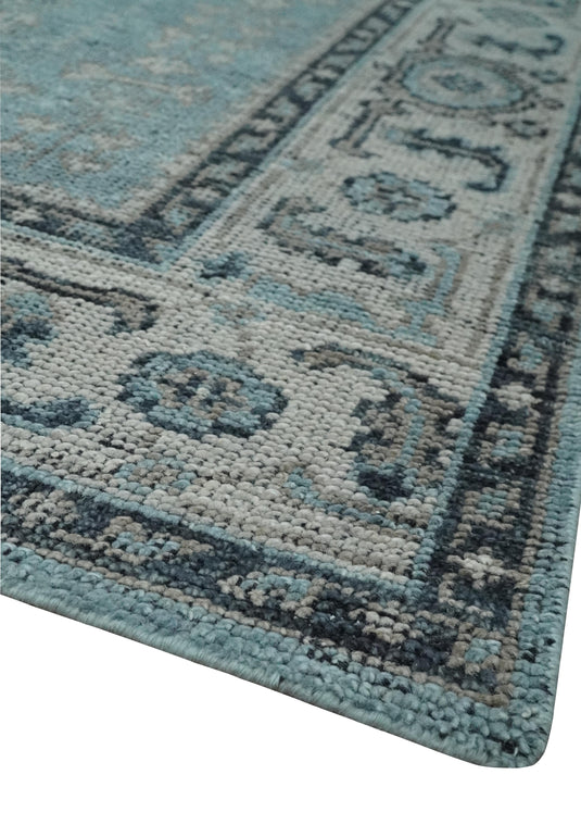 Custom Made Traditional Antique Tribal Pattern Blue and Gray Hand Knotted Wool Area Rug